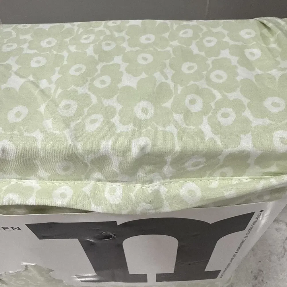Marimekko Pikkuinen Unikko Green KING Sheet Set Floral Cotton 4 Pc NWT OEKO